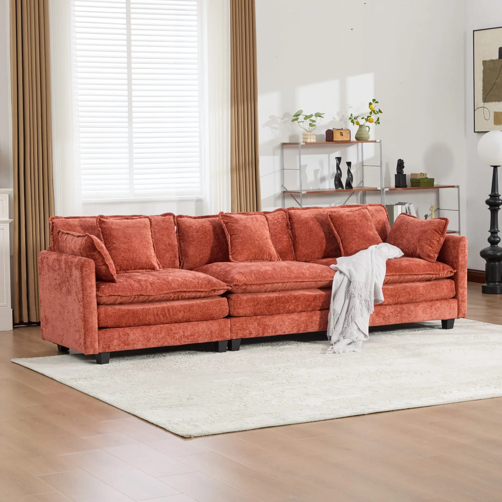 Chenille Fluffy Sofa - Modern 2-Seat/3-Seat Loveseat & Modular Indoor Furniture, Gray/Orange Breathable Chenille Fabric, Double-Layer Cushion Back for Living Room