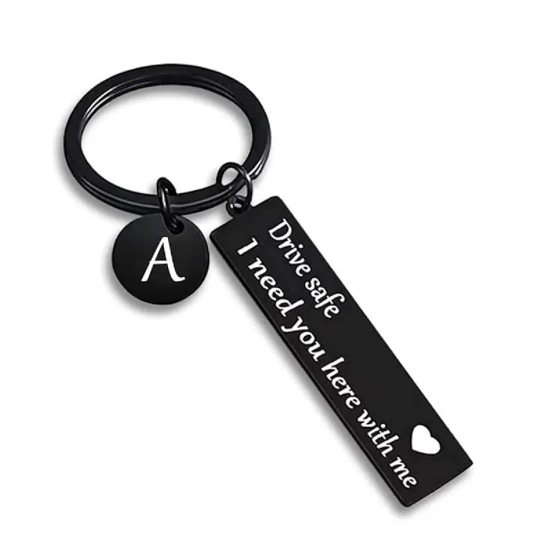 Personalized Safety Drive Safe Keychain - Engraved Stainless Steel Bar with Initial Letter Charm, Sentimental Anniversary Gift for Boyfriend