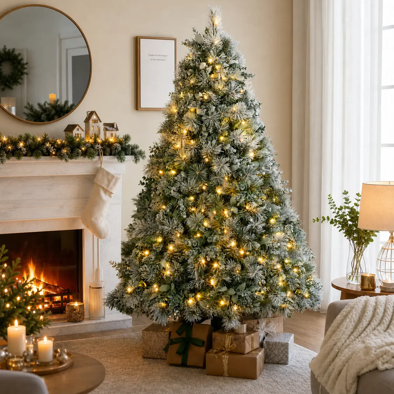 4FT Artificial Christmas Tree, Snow-Flocked Pine Tree with 404 PE & PVC Branch Tips, Full Shape Unlit Xmas Tree for Indoor Home Office Holiday Decoration