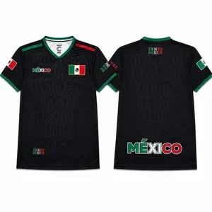 Mexico Flag Black Soccer Jersey | Aztec Pattern V-Neck Football Shirt | Unisex Blokecore Culture Sportswear Tee