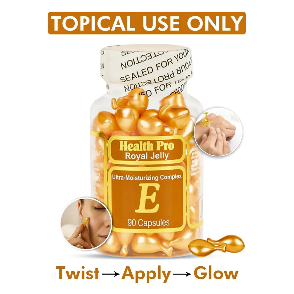 health pro Vitamin E Facial Serum Capsules, Lightweight Daily Moisturizer to Hydrate & Smooth Skin with Squalane, Aloe Vera, Royal Jelly, or Avocado, 90 Count, Sunflower Oil, Single Item, All Skin Types