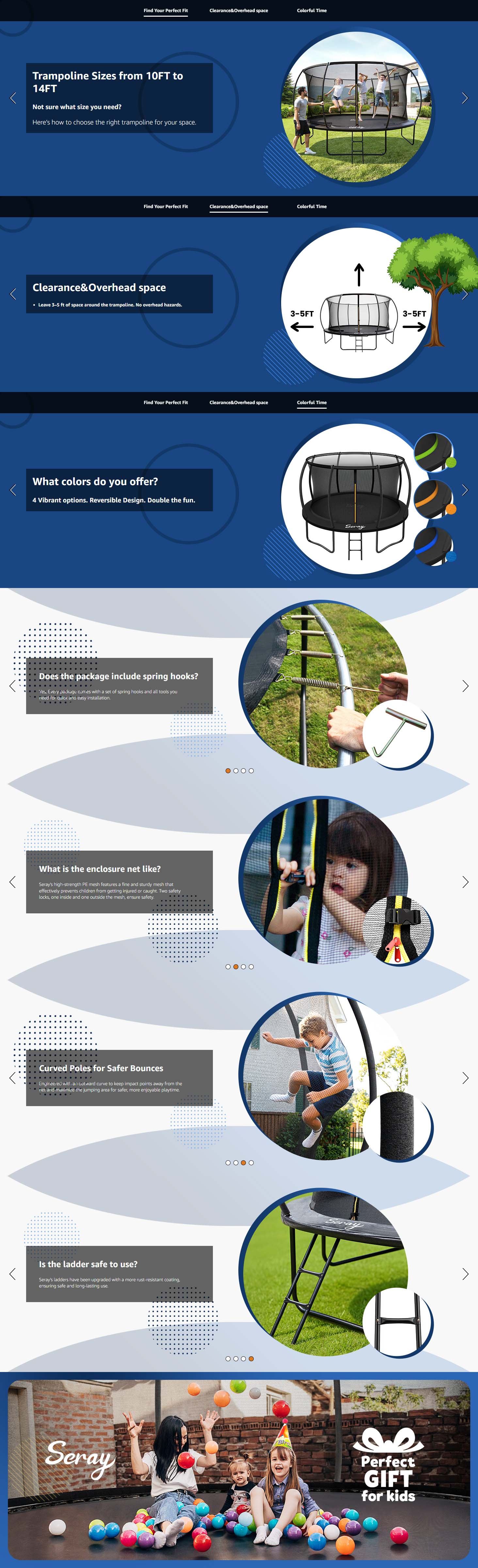 Seray 10-14FT Recreational Trampoline with Safety Enclosure Net and Ladder, Anti-Rust Coating & ASTM Approved, Reversible Outdoor Trampoline for Kids and Adults, Backyard Family Fun, Birthday Gift Ideas