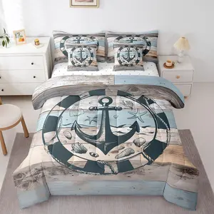 Feelyou Nautical Bed-in-a-Bag Bedding Set - Vintage Anchor Comforter, Grunge Wooden Barn Design, Coastal Ocean Themed Quilt for Kids