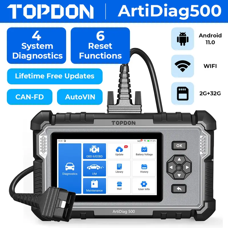 TOPDON AD500 OBD2 Scanner Automotive Diagnostic Scan Tool Oil/SAS/Throttle Reset Engine/ABS/SRS/Transmission, AutoVIN, Car Check Engine Code Reader with Battery Test, Lifetime Wi-Fi Free Update Steering Vehicle Comprehensive Bi-Directional ECU Coding