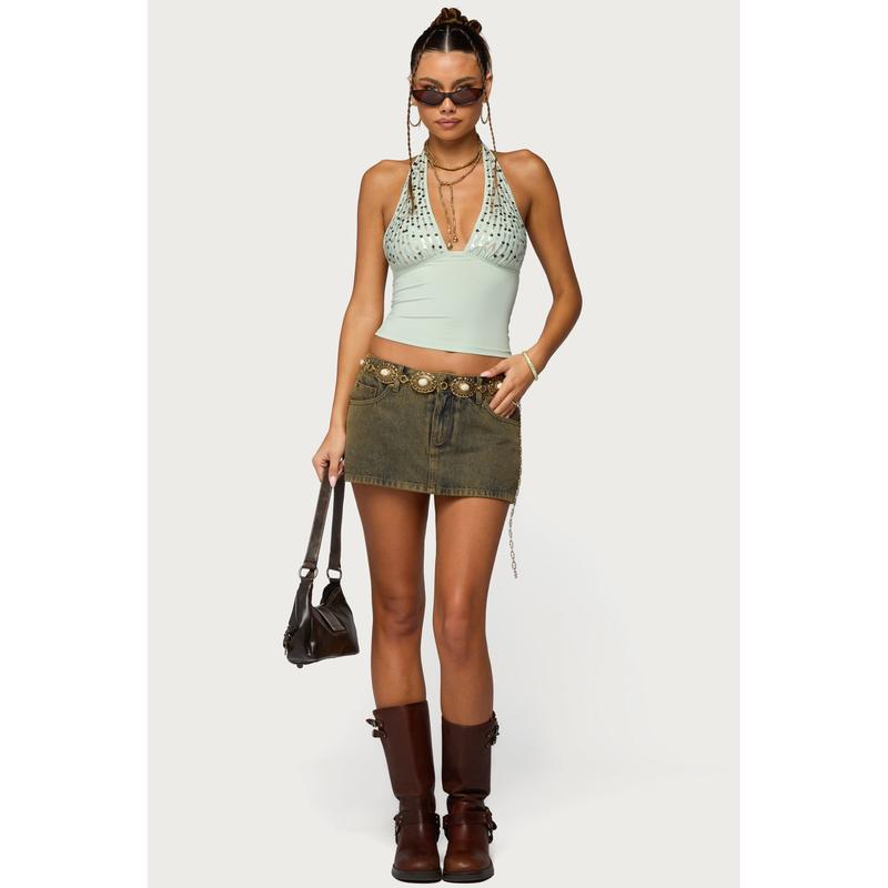 Sequin Plunge Neck Halter Top