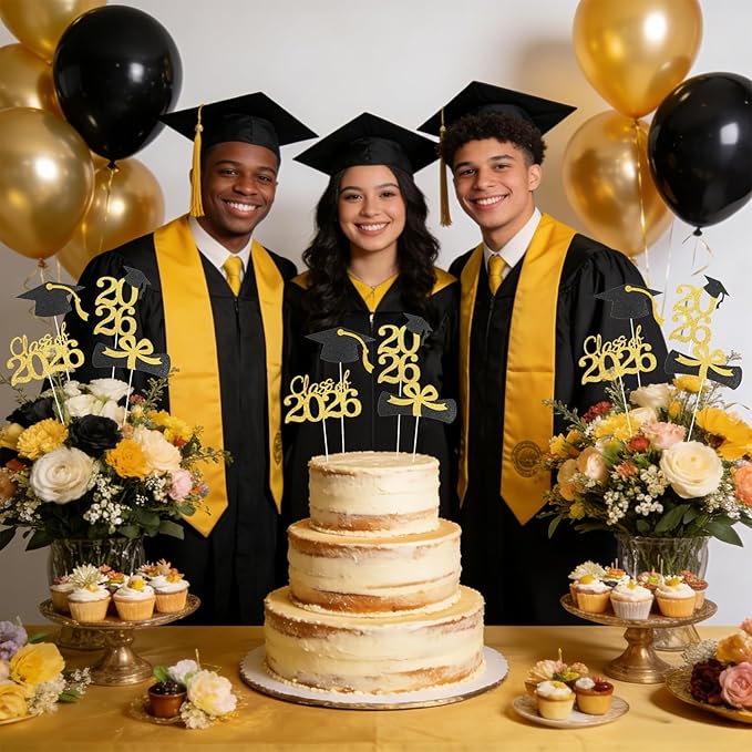 Class of 2026 Graduation Decorations – 16PCS Graduation Centerpiece Sticks, Grad Cap Table Toppers for High School College Graduation Party Table Decor