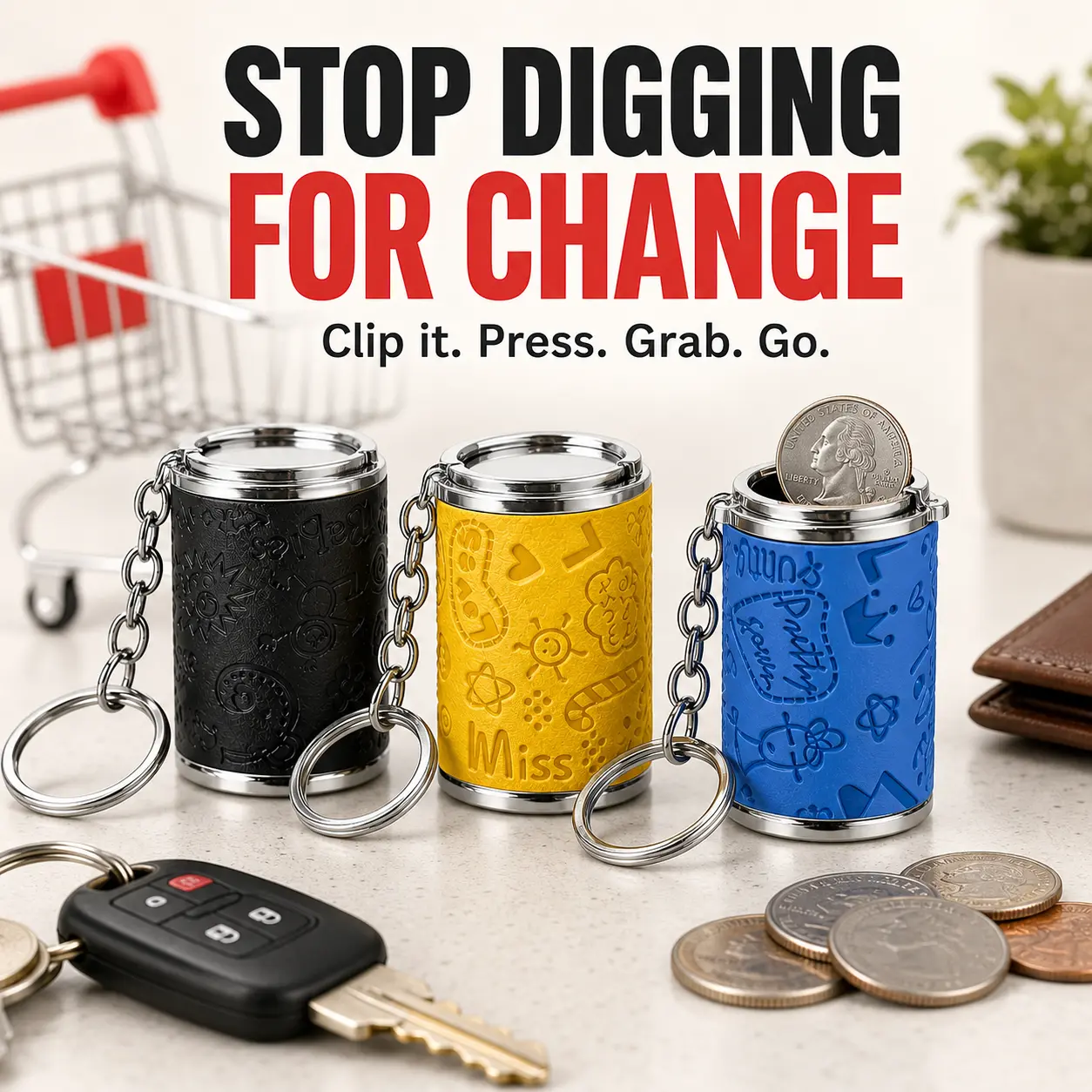 Unisex 3-Piece Portable Coin Storage Keychain - Dual-Use Loose Change Piggy Bank & Stress Relief Fidget Toy, Snap-Lock Pocket Coin Holder Bag Charm for Daily Carry & Gifting