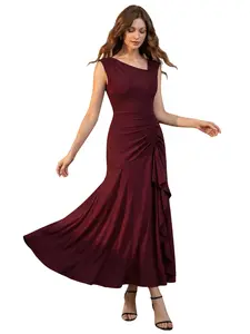 Ever-Pretty 2026 New Casual Asymmetrical Neck Ruched Slim Fit Bodycon Dress - Floor Length Gown for Wedding Guest,Evening dress,Formal dress 2673
