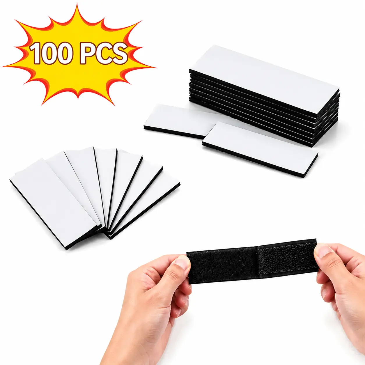 100 pcs self-adhesive double-sided hook tape and mounting adhesive strips; suitable for hanging picture frames, cable organization, dorm storage, home office, and camping/outdoor furniture—universal fastening tapes.