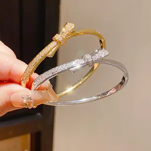 Elegant Bow-Shaped Open Cuff Bangle, Luxury Sparkle Statement Bracelet for Women, Versatile Daily Wear & Occasion Jewelry, 2 Finishes Available