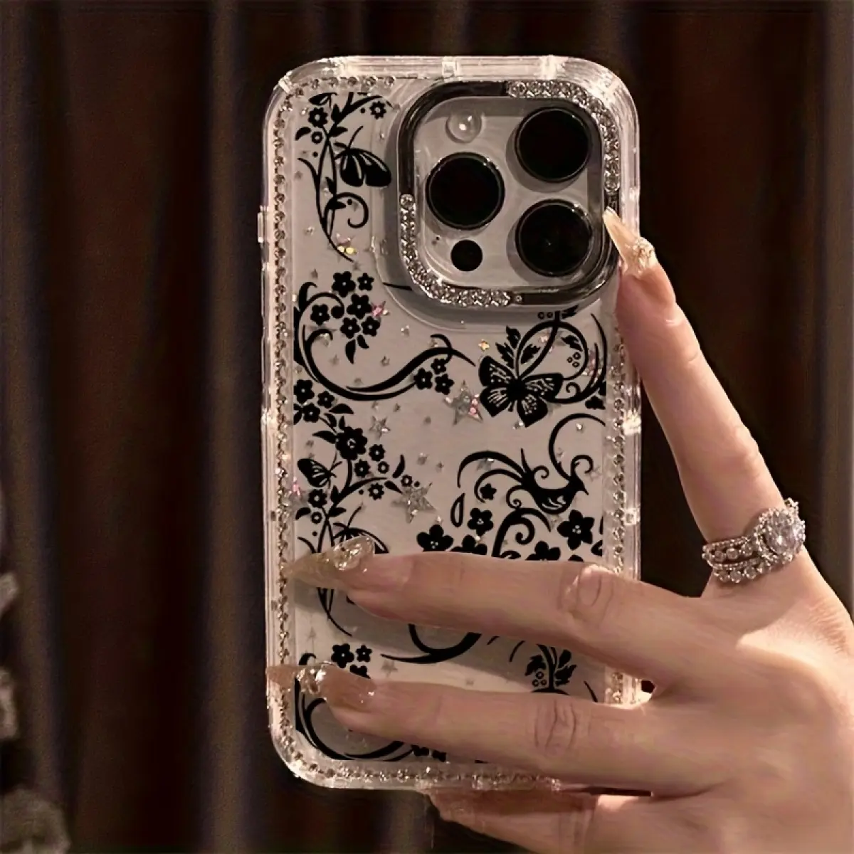 Luxury butterfly pattern rhinestone fashion phone case, transparent glitter border star case, anti-drop case, suitable for iPhone 17ProMax 17Air 16 15 14plus 13 12 11 protective cover,