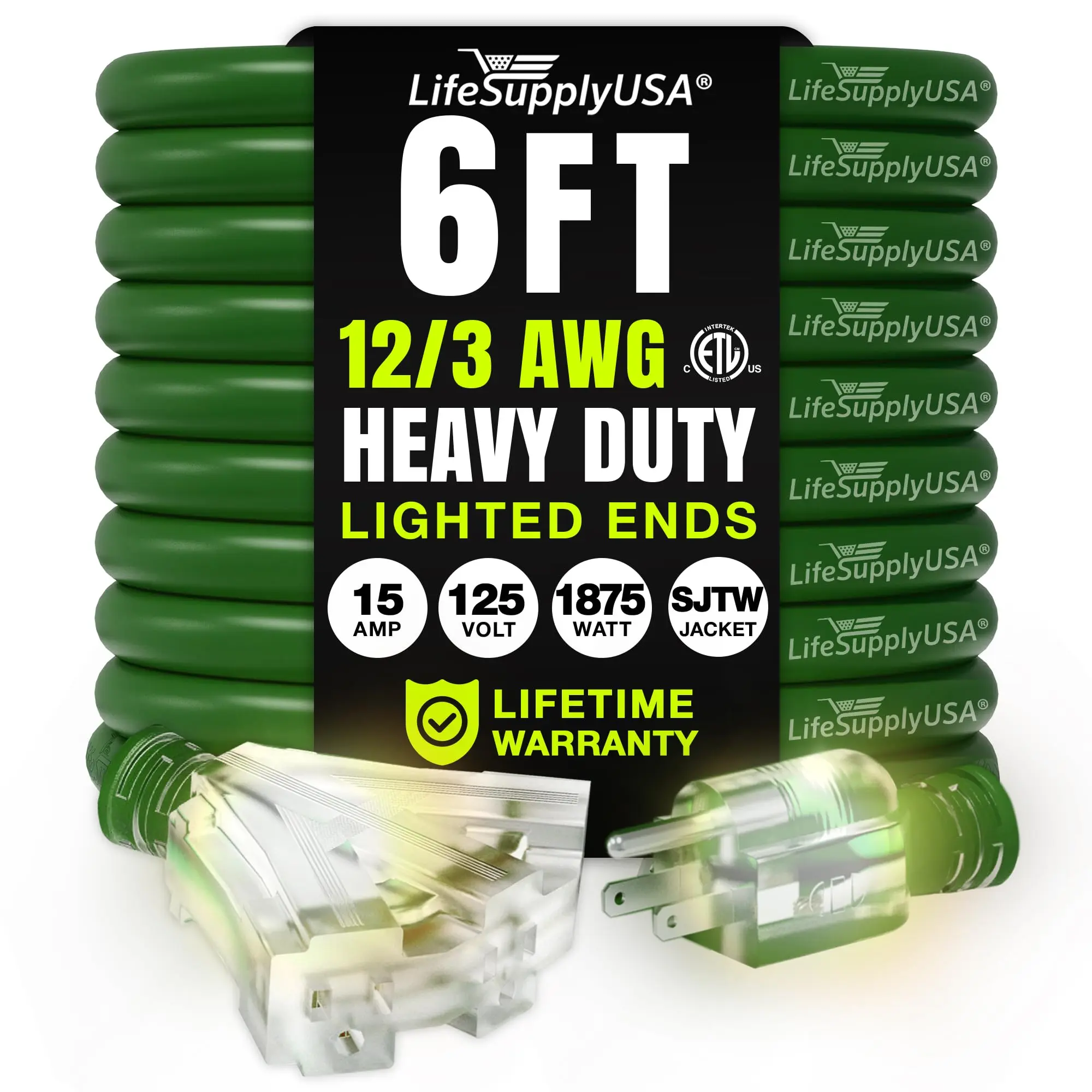 LifeSupplyUSA 3-Outlet Heavy Duty Extension Cord, ETL Listed 3-Prong SJTW, Waterproof, Flexible Cold-Resistant, 125V, Lighted Ends for Work & Construction, Reliable Power Delivery (Indoor/Outdoor Use)