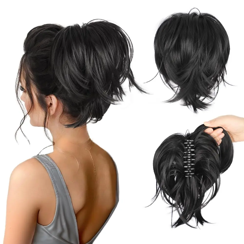 Women's Curly Messy Bun Hairpiece, 100g Synthetic Hair Extensions in Black Brown with Claw Clip and Bendable Wires, Hairstyle Extension, Synthetic Fiber Hairpieces, Ponytail Hairstyles, Extensions Hair