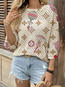 Spring and Summer collection, Lightweight Knit Sweater, round-neck open-front loose batwing shoulder sleeve pullover, color-block geometric print women's knit top, beachy style, casual elegant for work, pullover