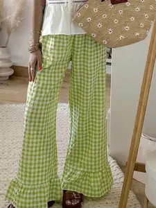 Women's Plaid Print Flare Leg Pants, Casual Loose Comfy Bell Bottom Trousers for Daily Wear, Ladies Bottoms for All Seasons, Boho Casual Trousers, Bohemian Trousers