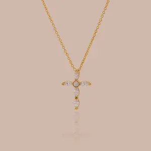 Marquise Diamond Cross Necklace by Caitlyn Minimalist - Delicate Crystal Cross Pendant Necklace - Church Jewelry - Daughter Gift