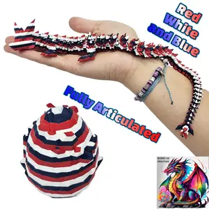 13" Red White and Blue Crystal Dragon Patriotic America Red White and Blue 3D Printed Articulated Dragon Desk Fidget with Matching Egg USA American Flag 4th of July