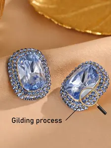 Women's Hypoallergenic Luxury Cushion Cut Blue Sapphire Crystal Stud Earrings, Gold Plated Halo Rhinestone Inlaid Statement Earrings for Evening Party Wedding Formal Wear & Gift