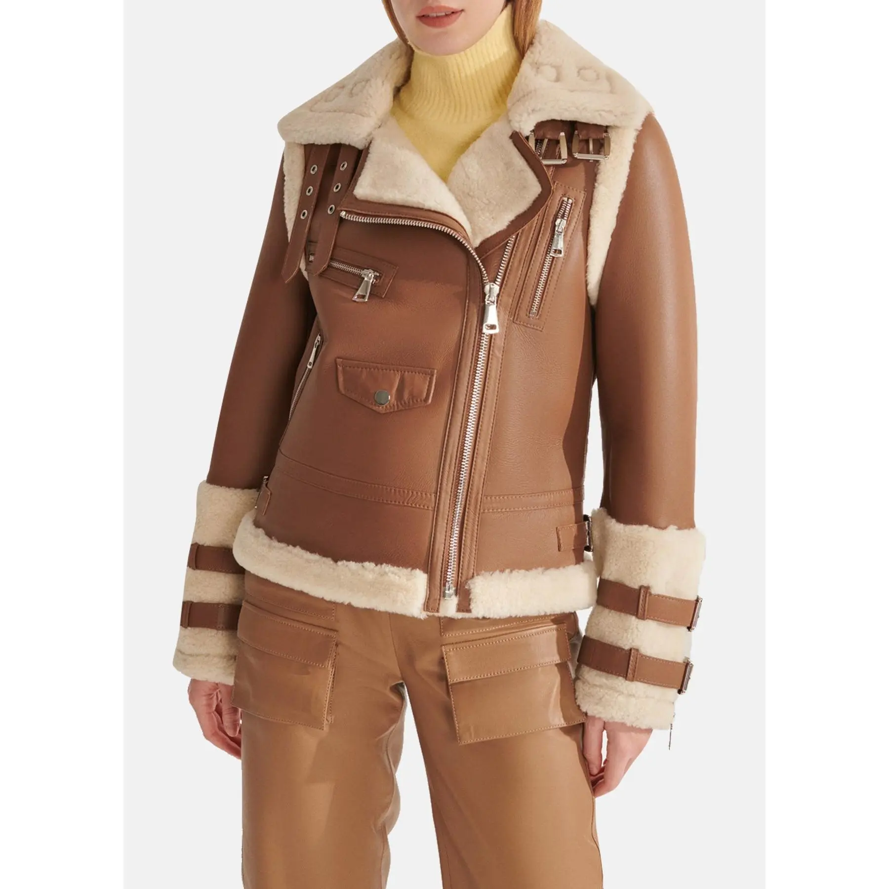 Womens Sports Brown Shearling Leather Jacket