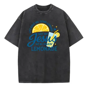 Holafish Unisex Acid Wash Vintage JesusLemonade Graphic T-Shirt, Heavyweight Cotton Streetwear Tee, Crewneck Short Sleeve Outdoor Fit