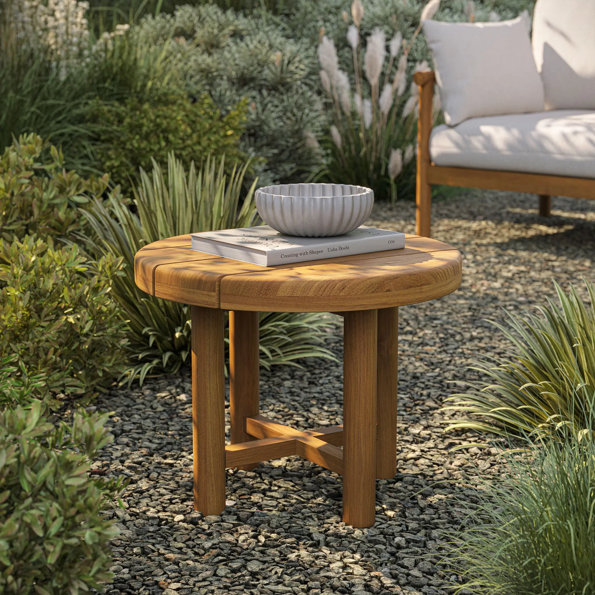 Eleni 20-Inch Round Outdoor Teak Wood Side Table in Natural