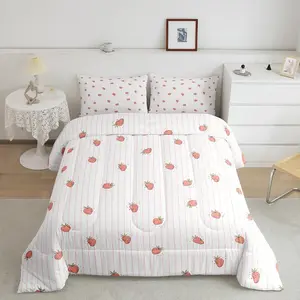 Cute Strawberry Comforter Set,Kawaii Luxury Bedding Set,White Pink Comfortable Bedding,Super Soft Microfiber Bed Comforter Set