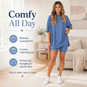 Women's Summer Casual Two-Piece Loungewear Set - Solid Color Crew Neck Slit Loose Short Sleeve Top & Shorts Comfy Home Wear