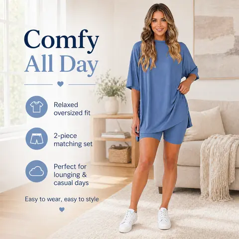 Women's Summer Casual Two-Piece Loungewear Set - Solid Color Crew Neck Slit Loose Short Sleeve Top & Shorts Comfy Home Wear