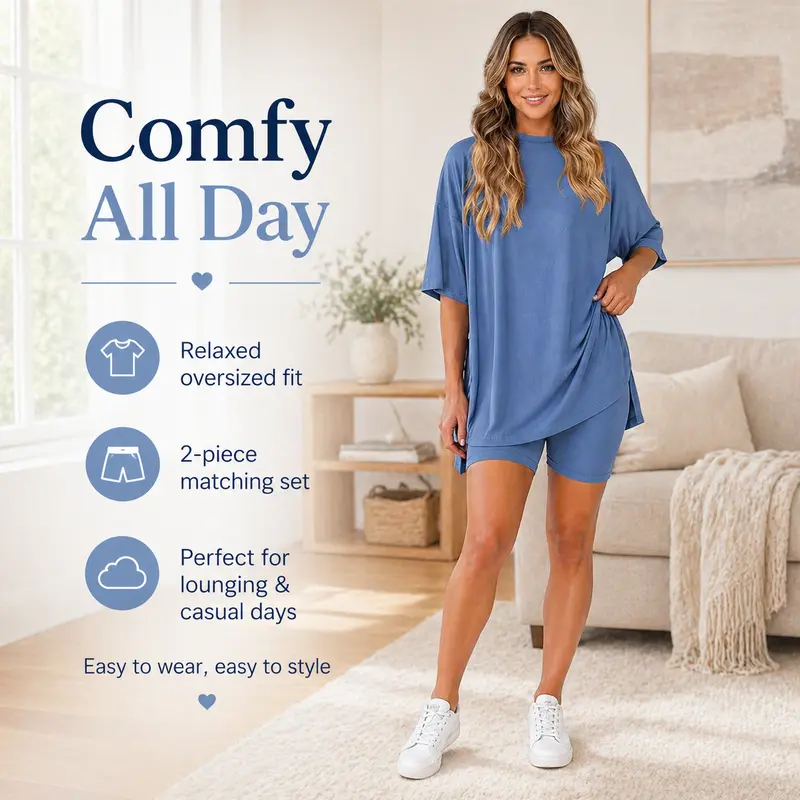 Women's Summer Casual Two-Piece Loungewear Set - Solid Color Crew Neck Slit Loose Short Sleeve Top & Shorts Comfy Home Wear