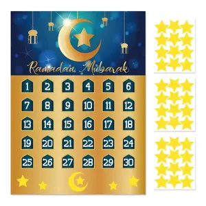 Ramadan Advent Calendar Set, Elegant Golden Color & Blue Decor, Countdown to Ramadan Mubarak, Includes Star Stickers for Home & Party Decoration