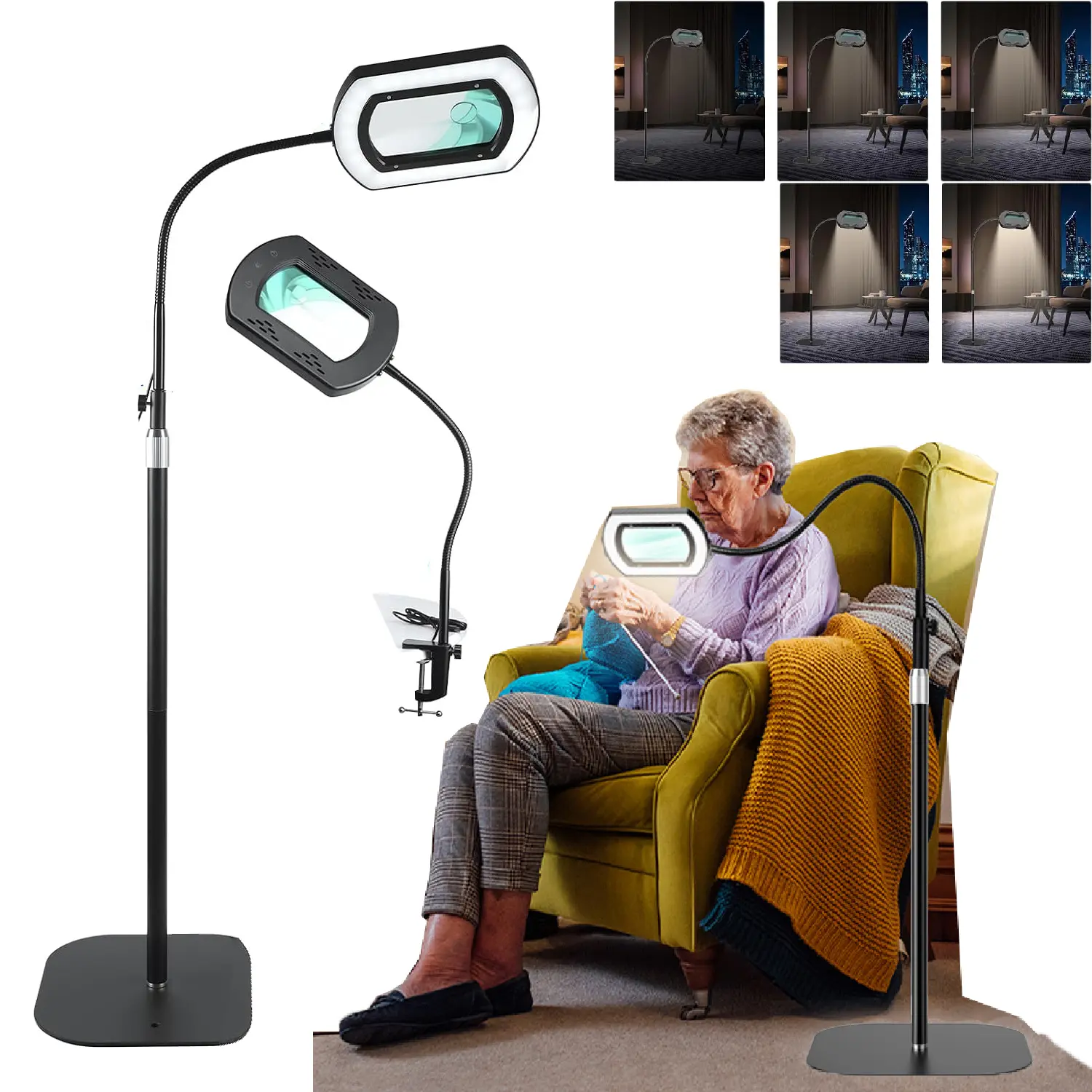 10X Magnifying Glass with Light and Stand, Rectangular Real Glass Lens, 5 Color Modes, Stepless Dimmable, Flexible Gooseneck 3-in-1 Floor Lamp, Lighted Magnifier Hands Free for Craft Hobby Reading