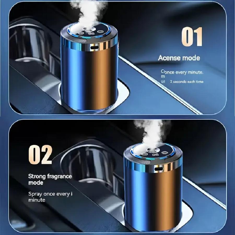 This smart car fragrance diffuser combines an air freshener, aromatherapy diffuser, humidifier, starry sky projector, and ambient lighting into one device. It can keep the air inside the car fresh for a long time