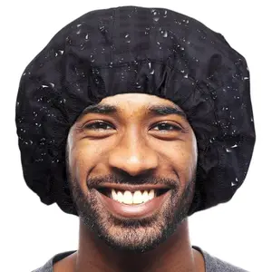 Shower Cap for Men Black Bath Cap, Reversible Large Waterproof Adjustable Shower Caps Terry Lining & Elastic Band Stretch Hem Hair Hat
