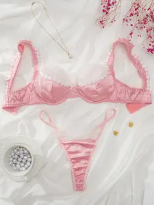 Valentine's Day New Women's Sexy Lingerie Two-Piece Set, Soft Lace Satin Underwear, Breathable Triangle Cup Bra + Trousers Underwear Sets