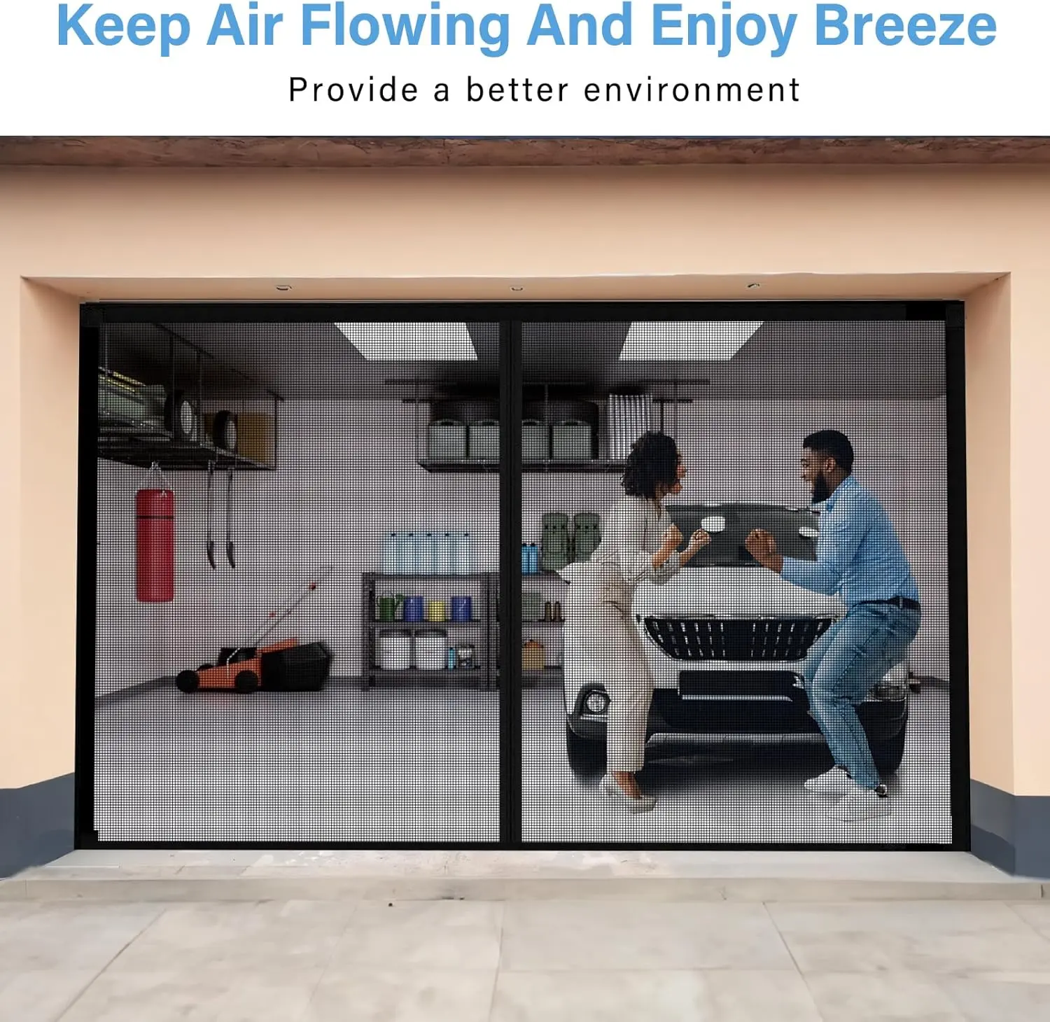 Garage Door Screen for 2 Car Garage, 16x7Ft Fiberglass Mesh Door Screen with Closure Weighted Bottom, Durable Magnetic Heavy Duty Screen Door Curtain Cover Kit let breeze