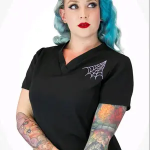 Medical and Veterinary Women's Rounded V-Neck 2-Pocket Spiderweb Scrub Top / Made in USA / Adult Uniforms