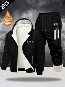 Men's Fall Winter Warm Hoodie Set, Fleece Lined Zipper Sweatshirt + Drawstring Jogger Pants, Casual Outdoor Wear