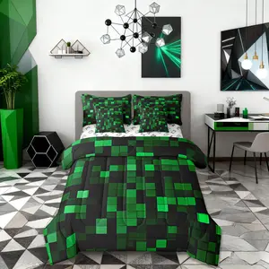 Pixelated Miners Game Comforter Set,Geometric Check Video Games Bedding,Gamepad Camo Grid Decor,Black Green（Fitted+Sheet+2 Pillowcases+2 Throw Pillow Covers）