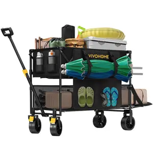 VIVOHOME Large Capacity Double Decker Collapsible Wagon Heavy Duty Utility Folding Cart with Big Wheels Extended for Camping, Sports