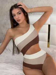 Women's Color-Block Hollow Out One-Piece Swimsuit, Vacation Style for Summer, Colorblock Swimsuit