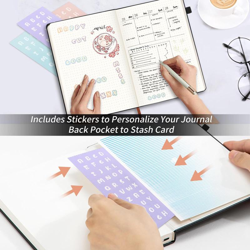 A5 Dotted Journal Bullet Notebooks, 5.7 x 8.3 inches Hardcover Leather Notebook with Pen Loop, 100Gsm Premium Thick Paper with Inner Pocket, Stickers, Black, Gift