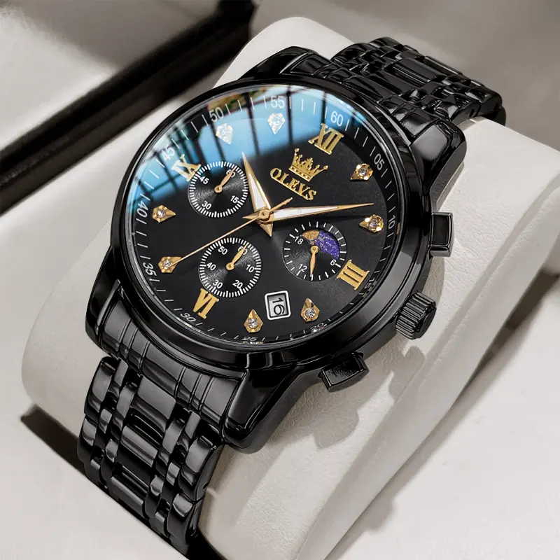 OLEVS G2858 Men's Fashion Quartz Watch Luxury Business Chronograph Black Stainless Steel Metal Band Waterproof Luminous Round Dial Sun Moon Phase Calendar Date Wristwatch Casual Trendy Analog Timepiece Exquisite Birthday Father's Day Gift with Watch Box