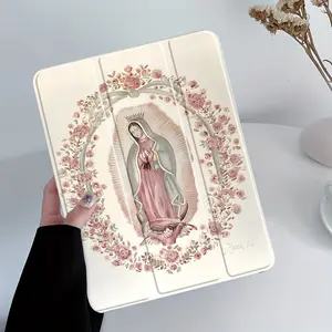 Elegant Floral Mother Mary Design Folding Case for iPad, Transparent Acrylic Hard Back, Pencil and Charger Slots, Ultra-Thin Shockproof Cover for iPad 10.2inch 2019/2021, Mini, Pro, Air