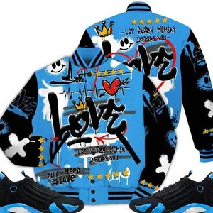 14 University Blue Outfits, Black University Blue 14s Varsity Jacket, Happy Love Beats Graffiti Streetwear Unisex Sneaker Matching Shirts