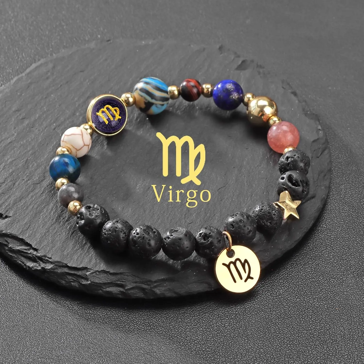 Zodiac Beaded Bracelets for Women, 12 Constellations Crystal Stone Bracelet for Birthday Zodiac Gifts, 18k Gold Constellation Charm Bracelet Jewellery