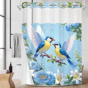 1PC/4PCS 2D Flat Printing Blue and White Birds and Flowers Patterned shower curtain, home bathroom decor, Bathroom Decoration Accessories, shower curtain set with 12 hooks, non-slip bathroom rug, U-shaped toilet seat cover, Bathroom Accessory