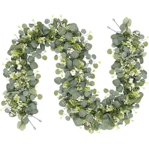 2/4Pack Artificial Eucalyptus Leaves Green Leaf Garland Fake Eucalyptus Garland Plant Spring Garland Vine with White Flower Berries for Wedding Arch Family Gathering Mantel Decor, Decoration