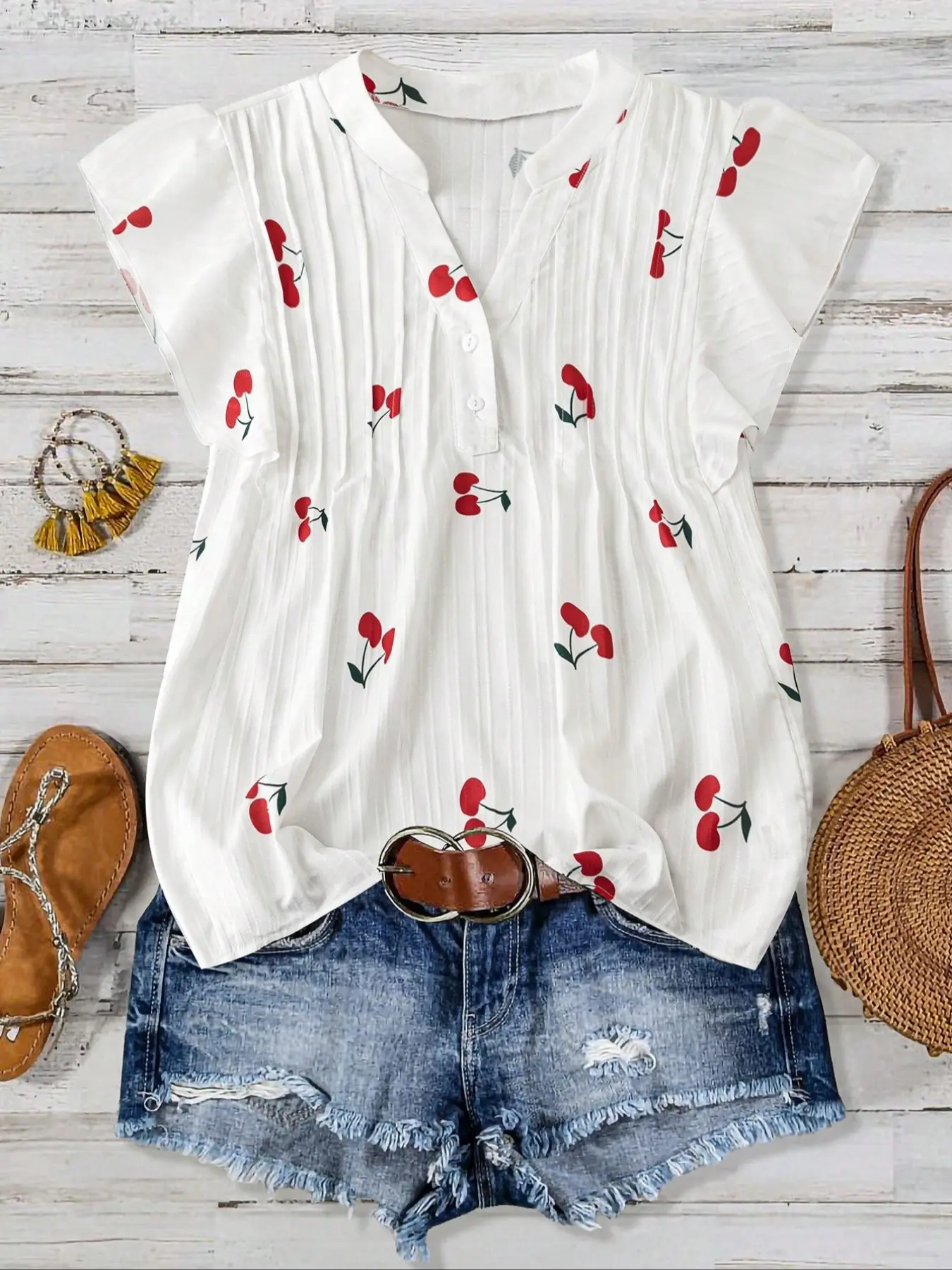 Casual summer vacation cherry print woven small flying sleeves pullover commuting loose tops ladies blouses shirt women womenswear style, Elegant, Blouses Shirts Tops