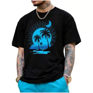 Trending Men's Graphic Tee - Tropical Palm Tree & Crescent Moon Print, 100% Premium Cotton, Loose Fit Breathable Short Sleeve, Summer Beach & Coachella Outfits, Big & Tall Sizes, Fade-Resistant