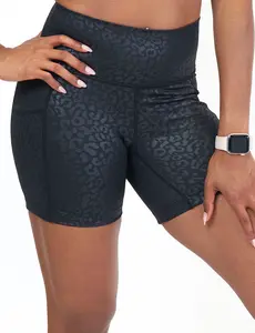 CVG Women's Black Leopard Shorts - High Waistband, Moisture Wicking, Pockets, 2.5 Inch Inseam, Polyester & Spandex Blend, Perfect for Casual Wear and Comfort